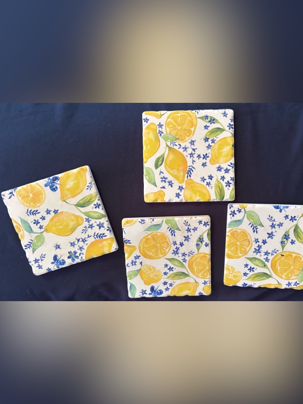 Set of 4 Lemon Pattern tile Coasters - Yellow & Blue